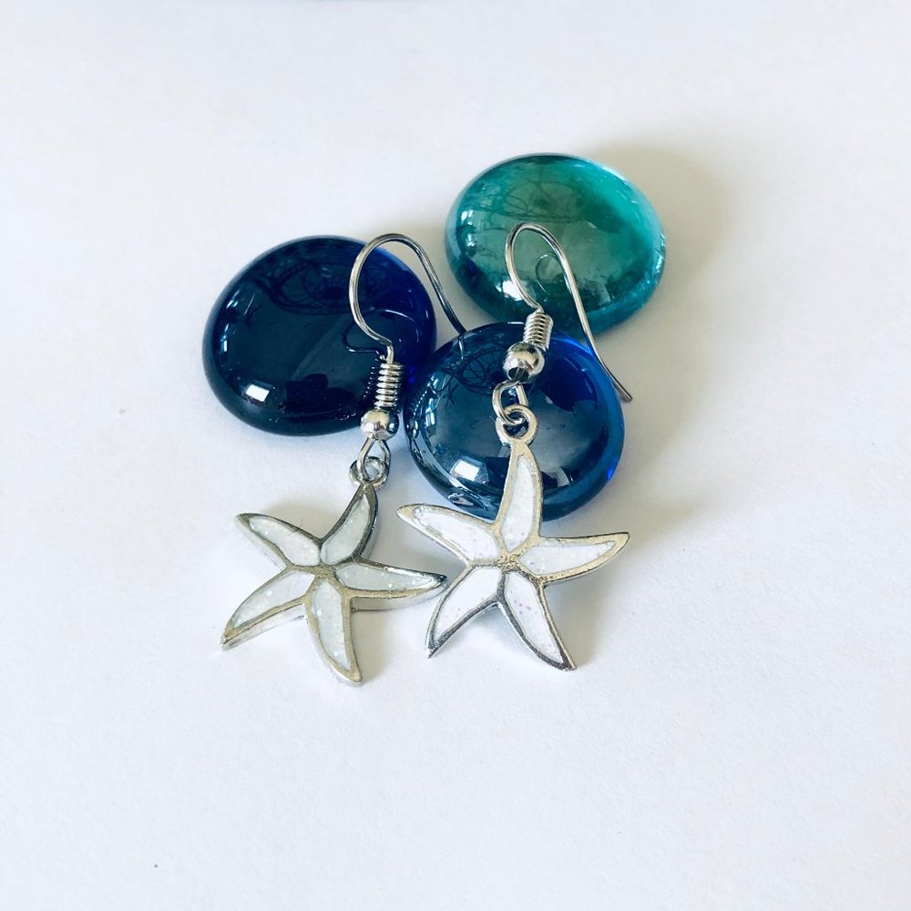 Starfish Dangle Earrings Silver Plated Faux Opal